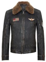 Men’s Vintage Black Leather Bomber Jacket with Badges – Tunis