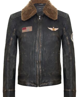 Men’s Vintage Black Leather Bomber Jacket with Badges – Tunis